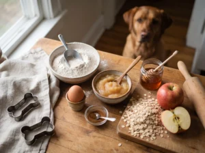 Fresh apples and ingredients for homemade dog biscuits