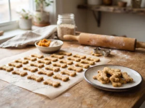 Homemade pumpkin and oat low-calorie dog biscuits.
