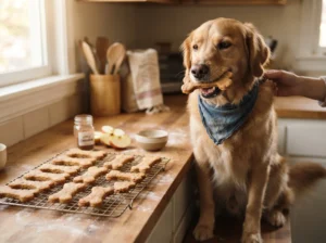 Dog enjoying freshly baked apple cinnamon biscuits