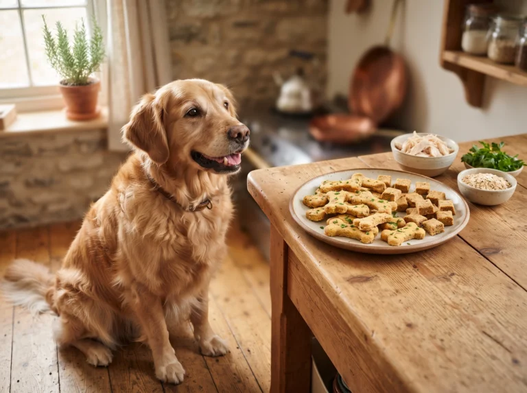Golden retriever beside homemade chicken dog treats.