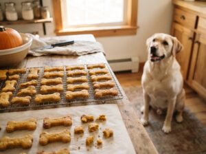 “Fresh homemade pumpkin dog biscuits cooling on a wire rack”