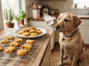 Pumpkin and chicken dog treat dough being shaped into small homemade treats.