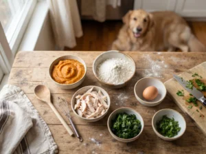 Pumpkin, oat flour, chicken, egg, and greens for homemade diabetic-friendly dog treats.