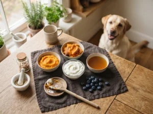 Pumpkin, sweet potato, yogurt, and bone broth ingredients for probiotic dog treats.