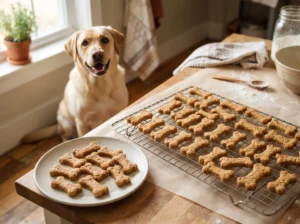 Freshly baked chicken dog treats cooling on a rack with a Labrador waiting nearby.