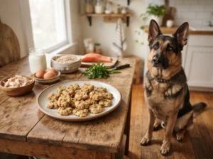 Athletic German Shepherd beside homemade high-protein dog treats.