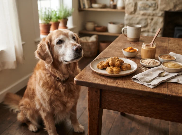Senior Golden Retriever beside soft homemade pumpkin and oat dog treats.