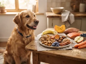 Golden Retriever beside a plate of assorted homemade dog treats.