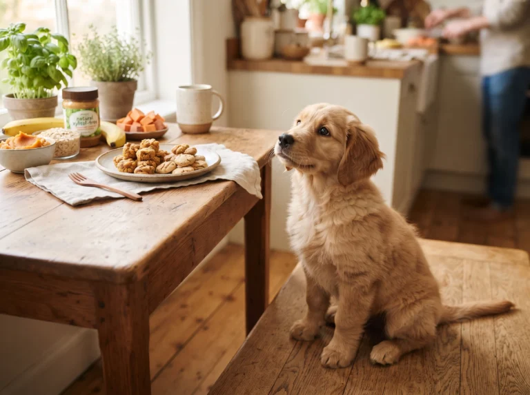 Golden Retriever puppy beside soft homemade treats for puppies under six months.