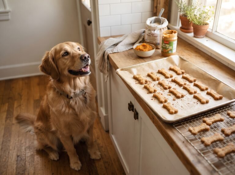 “Golden retriever beside freshly baked homemade dog biscuits”