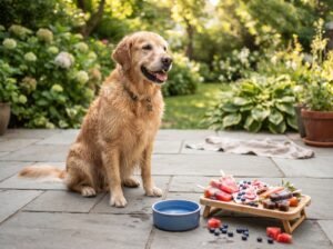 “Golden retriever with homemade frozen dog treats for summer”