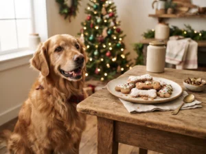 Golden retriever beside homemade Christmas dog treats