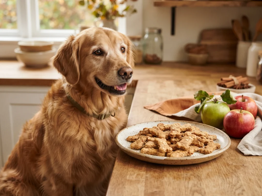 Golden retriever beside homemade apple cinnamon dog biscuits
