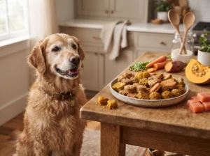 Golden retriever beside assorted homemade grain-free dog treats.