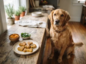 Golden retriever beside homemade diabetic-friendly dog tre