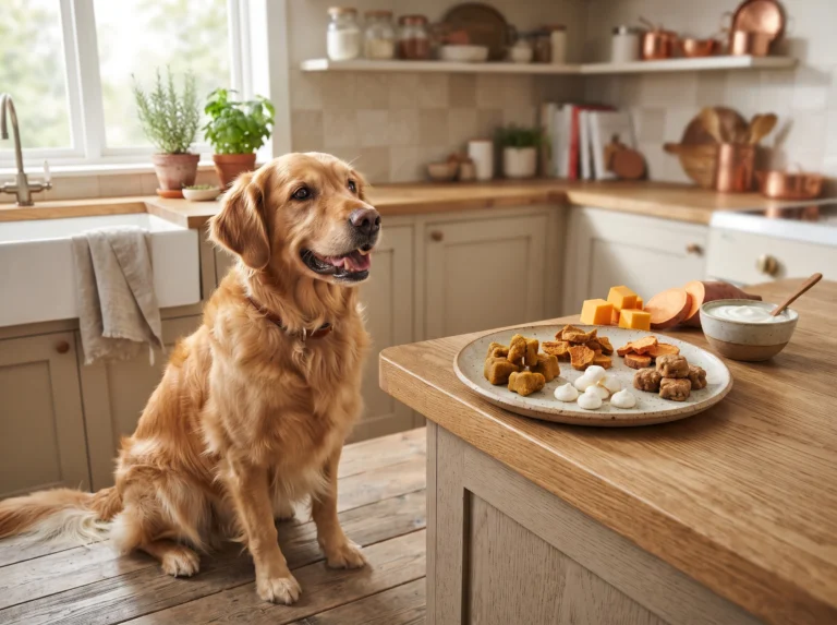 Golden retriever beside assorted probiotic dog treats.