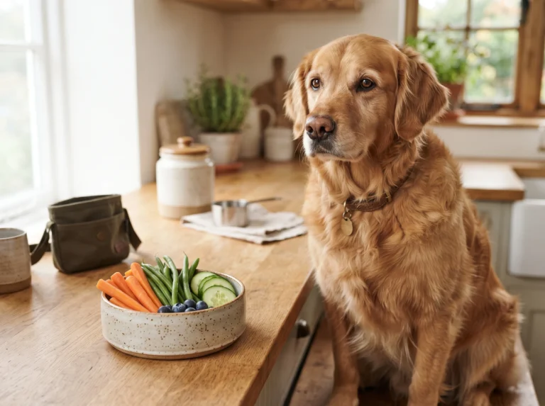 Golden retriever beside fresh low-calorie treats for weight management.