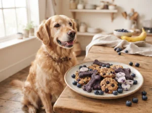 Golden retriever beside homemade blueberry dog treats