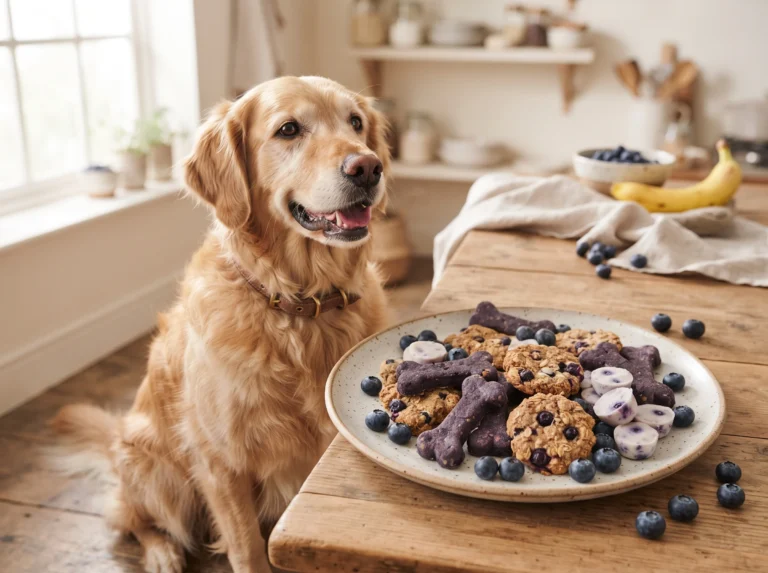 Golden retriever beside homemade blueberry dog treats