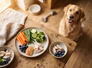 Fresh vegetables, fruit, and lean chicken used as low-calorie dog treats.