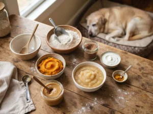 Pumpkin, applesauce, oat flour, peanut butter, flaxseed, and yogurt for soft senior dog treats.