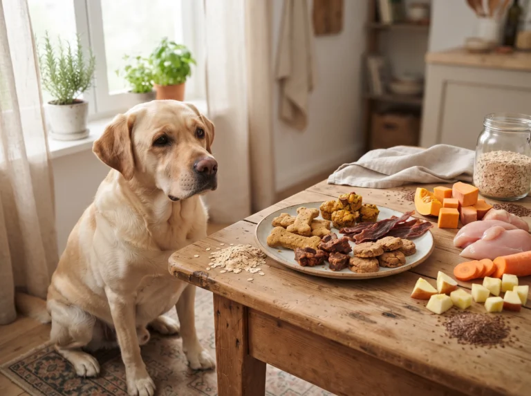 Large Labrador Retriever beside assorted homemade treats for large breed dogs.