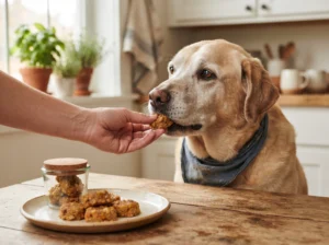 Senior Labrador Retriever enjoying a soft homemade pumpkin oat treat.