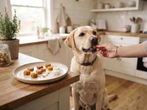 Labrador enjoying a small probiotic dog treat.