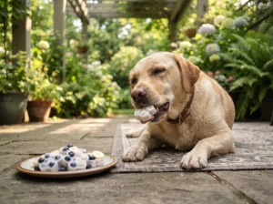 Labrador enjoying a frozen yogurt treat on a summer day