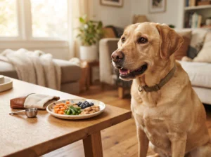 Labrador with pre-portioned low-calorie treats for weight management.
