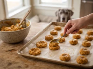 Soft pumpkin dog treat mixture portioned into small rounds on a parchment-lined baking sheet.