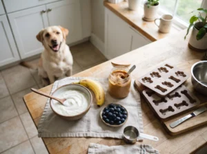 Plain Greek yogurt and ingredients for frozen dog treats