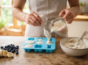 Greek yogurt mixture being poured into dog treat molds