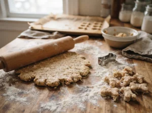 Homemade chicken dog treat dough being rolled and cut into small shapes.