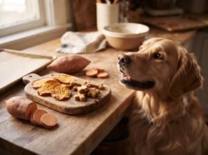 “Golden retriever with homemade sweet potato dog treats”