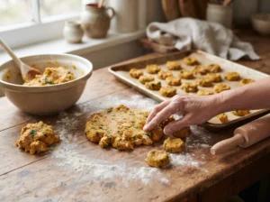Pumpkin and chicken dog treat dough being shaped into small homemade treats.