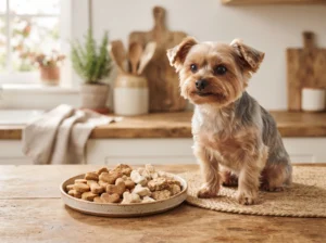 Yorkshire Terrier beside small, soft treats suitable for toy breeds.