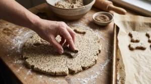 Shaping homemade flaxseed dog treats with a small bone cookie cutter