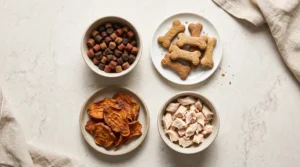 Affordable ingredients including oats, peanut butter, banana, sweet potato, and pumpkin for homemade dog treats.