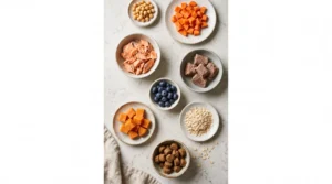 Lamb, salmon, chickpeas, carrots, blueberries, and sweet potatoes displayed beside soft dog treats.