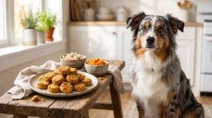 : Australian Shepherd beside homemade high-protein chicken and sweet potato dog treats.