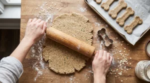 Rolling thin dough to make homemade crunchy dog biscuits