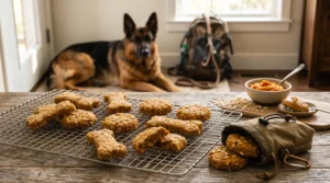 Homemade peanut butter and pumpkin dog cookies cooling beside a portable treat container.