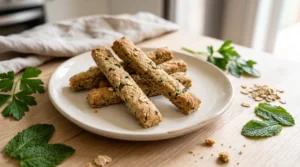 Homemade parsley and spearmint oat dental sticks for dogs with fresh herbs.