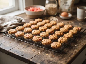 Freshly baked watermelon oat bites cooling on a wire rack.