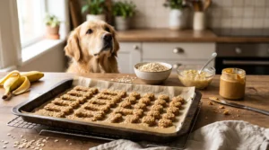 Homemade oat, banana, and peanut butter dog biscuits cooling on a baking tray.