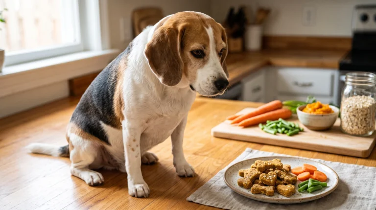 Homemade low-calorie dog treats with a Beagle