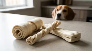 Different types of rawhide dog chews including rolls twists and compressed bones