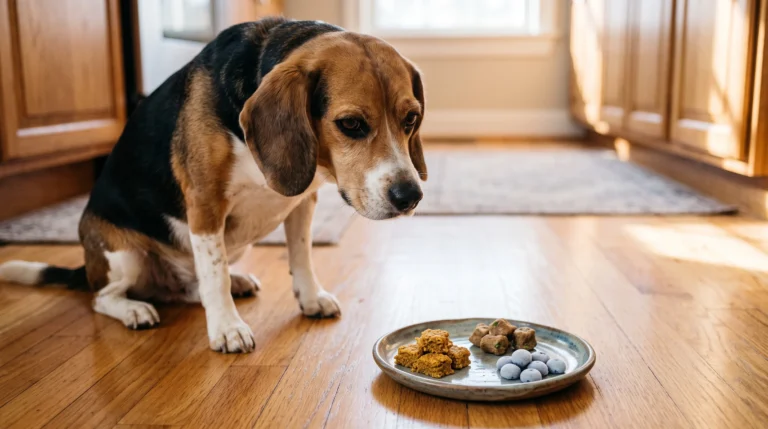 Beagle beside homemade pumpkin, chicken, and blueberry yogurt dog treats.