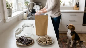 Air-dried and freeze-dried dog treats arranged beside an airtight storage container